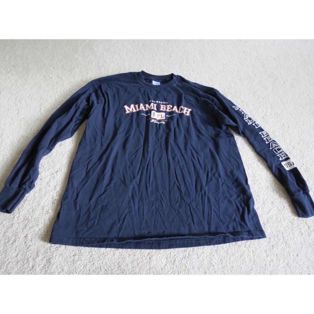 Gildan Miami Beach Florida Long Sleeve Navy Blue Cotton Shirt Mens XL